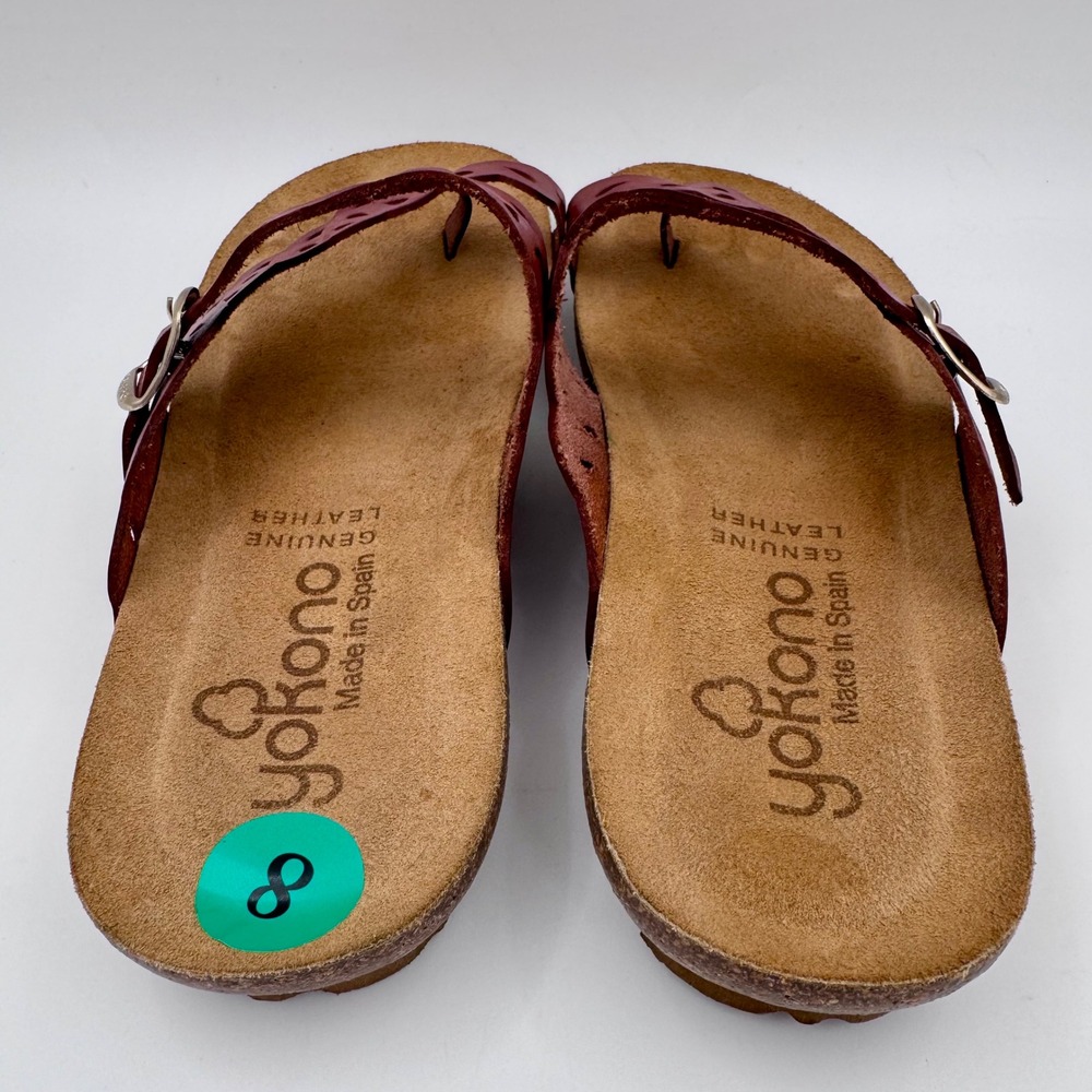 Yokono Ibiza Dark Red Leather Scalloped Toe Loop Cork Sandals Made in Spain | 8 - Picture 7 of 8